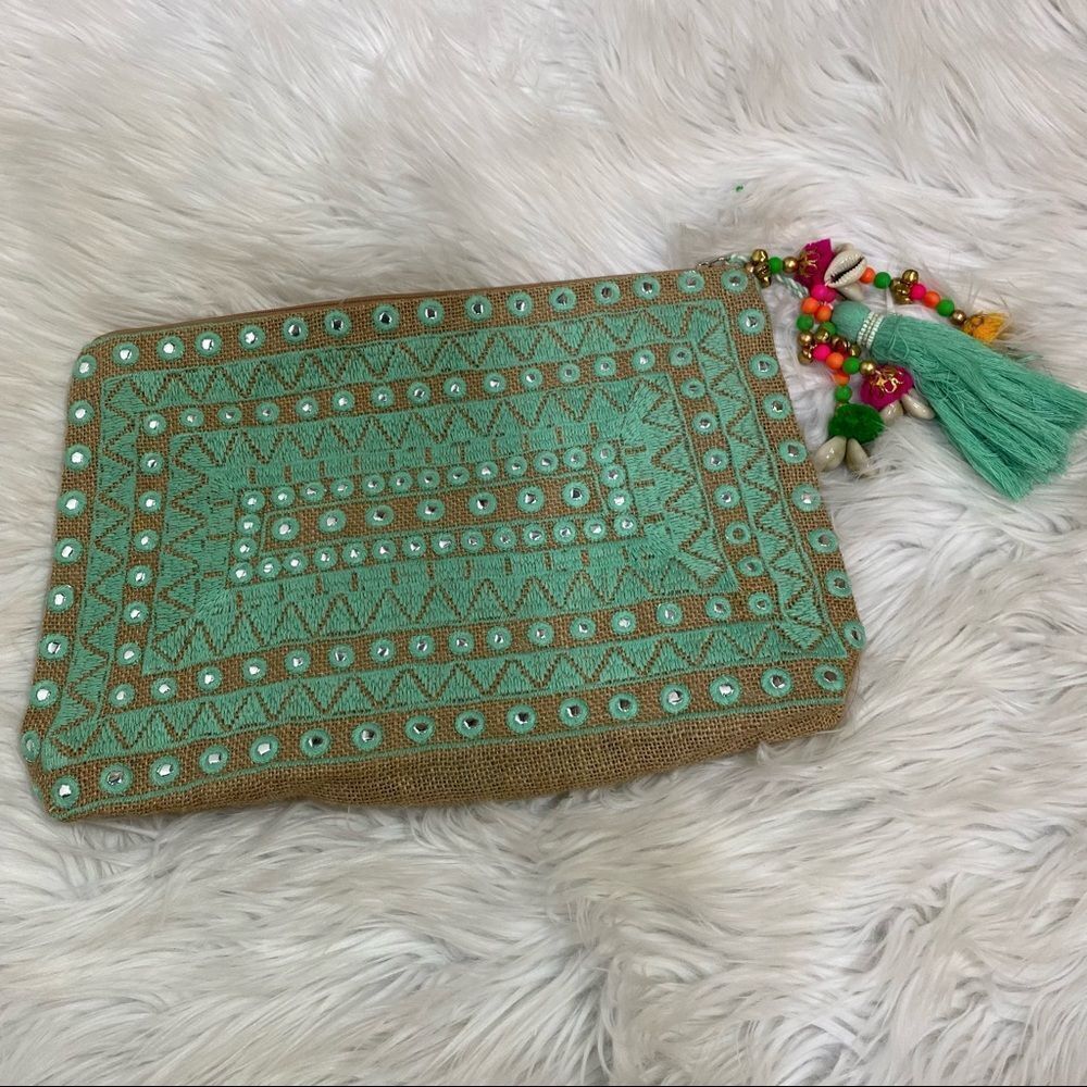 NEW Toscana Pulseras beige & aqua jute clutch bag with colorful beads charms